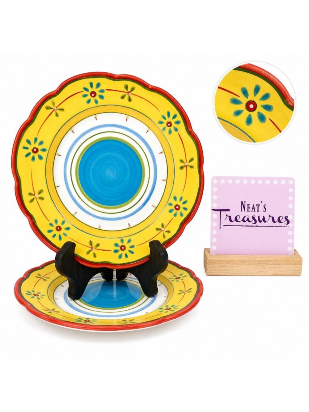 Culinary Arts PETIT JARDIN Yellow Blue Flower Scallop Ceramic Salad Plate Set 2